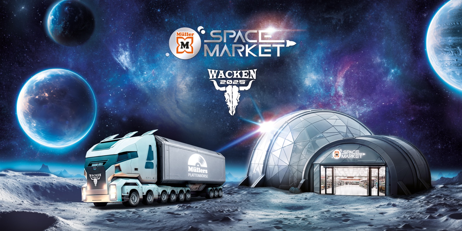Key Visual „Müller Space Market“ zum Wacken Open Air 2025: Kuppelmarkt und Truck in einer Mondlandschaft